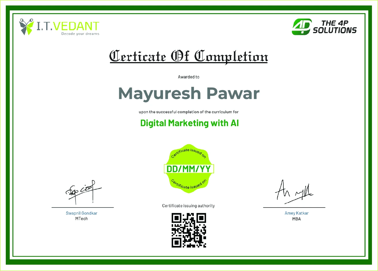IT Vedant Certificate